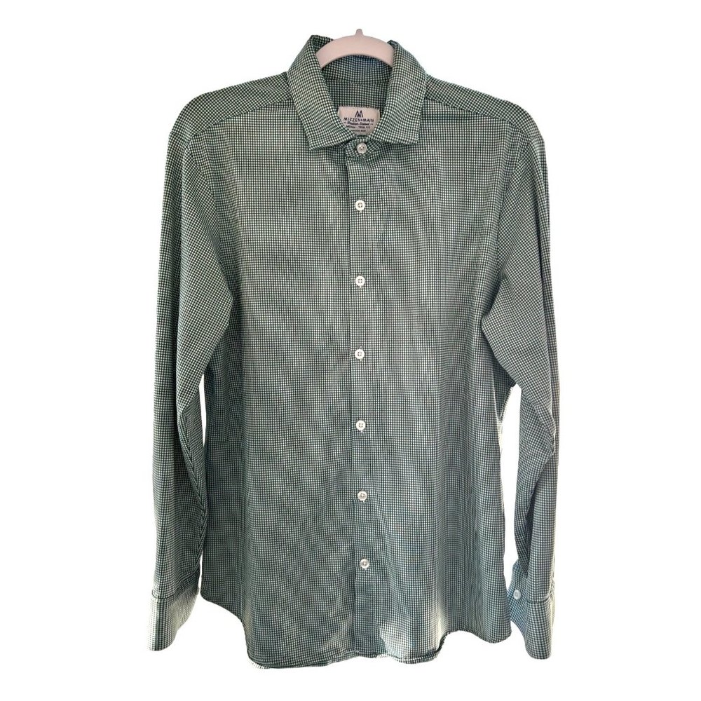 Mizzen+Main Green & White Gingham Check Long Sleeve Trim Button Up Mens M